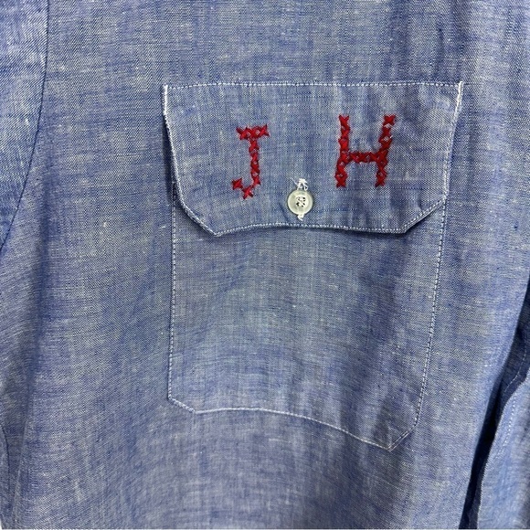 Hand Sewn Large One of A Kind Monogramed JH Embroidered Blue Chambray Shirt - Picture 2 of 13